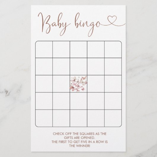 Butterfly Girl Baby shower Bingo Game (Voorkant)