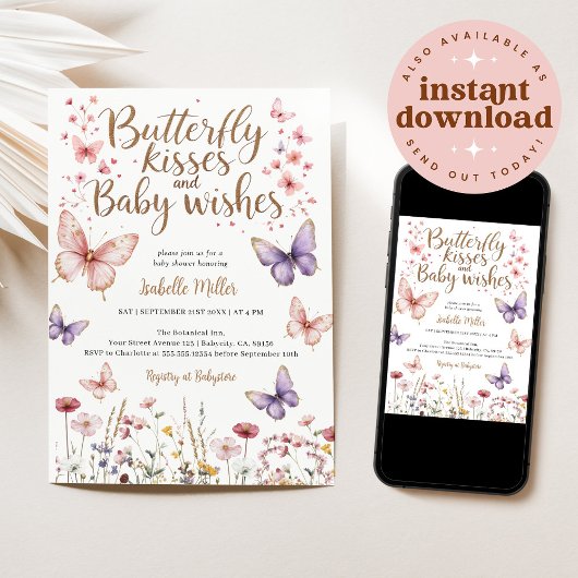 Butterfly Girl Baby shower Paarse Bloemen Roze Kaart