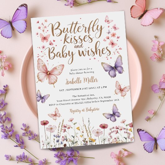 Butterfly Girl Baby shower Paarse Bloemen Roze Kaart