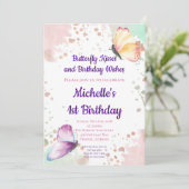 Butterfly Girl Eerste Verjaardag Uitnodiging (Staand voorkant)