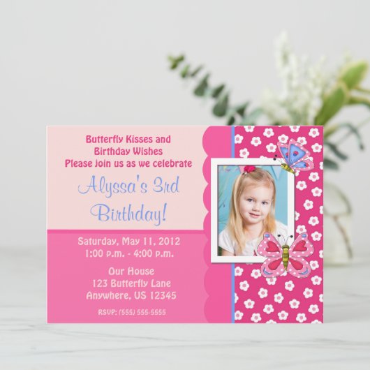 Butterfly Girls Foto Birthday Invitation Kaart (Staand voorkant)