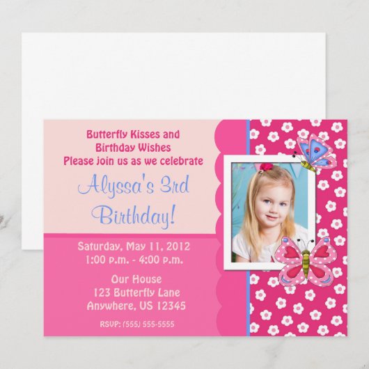 Butterfly Girls Foto Birthday Invitation Kaart (Voorkant / Achterkant)