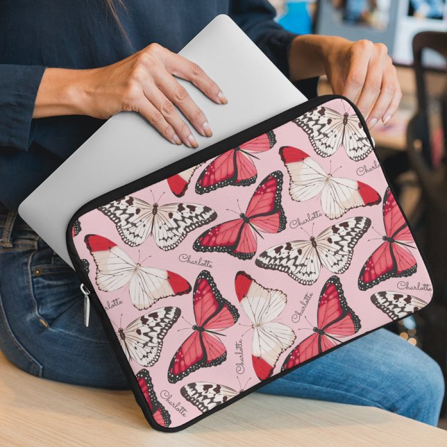 Butterfly Girly Chic Pattern Persoonlijke naam Laptop Sleeve (Creator heeft geüpload)