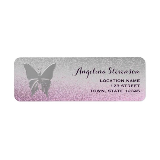 Butterfly Glitter Silver en Roze Return Address Etiket (Voorkant)