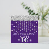 Butterfly GLITTER SWEET 16 DARK PAARS Invitation Kaart (Staand voorkant)