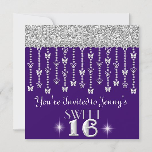 Butterfly GLITTER SWEET 16 DARK PAARS Invitation Kaart (Voorkant)