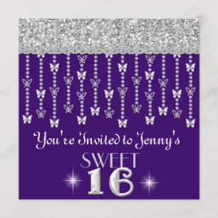 Butterfly GLITTER SWEET 16 DARK PAARS Invitation Kaart