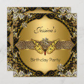 Butterfly Gold Black Leopard Birthday Party Kaart (Voorkant / Achterkant)