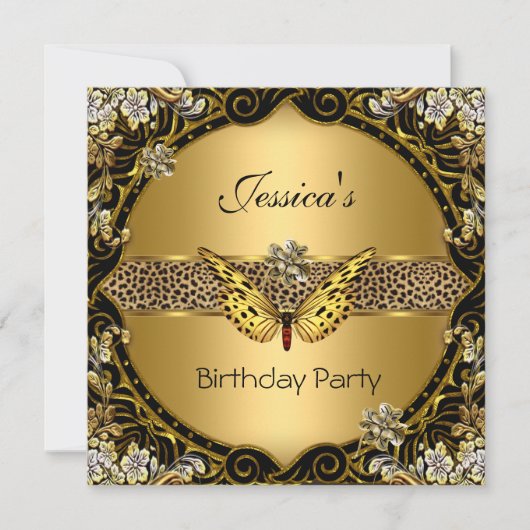 Butterfly Gold Black Leopard Birthday Party Kaart (Voorkant)