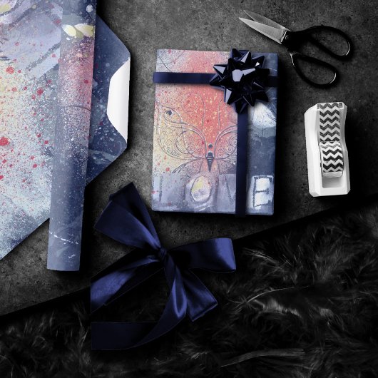 Butterfly Grunge Love | Koraal Oranje Paars verf Cadeaupapier