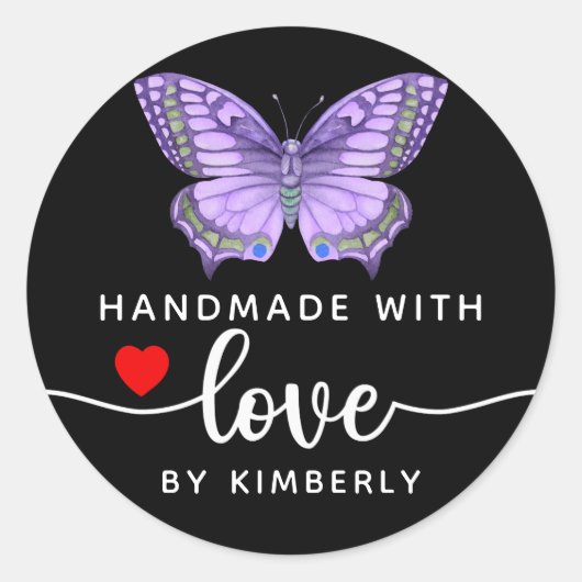 Butterfly Handgemaakt met Love Black Ronde Sticker (Voorkant)