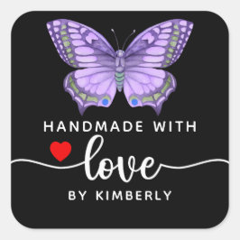 Butterfly Handgemaakt met Love Black Vierkante Sticker