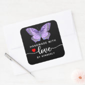 Butterfly Handgemaakt met Love Black Vierkante Sticker (Envelop)