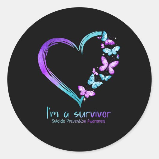Butterfly Heart I'm a Survivor Suicide Prevention Ronde Sticker (Voorkant)