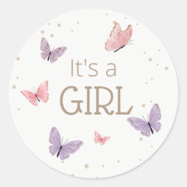 Butterfly Het is een GIRL Baby shower  Ronde Sticker
