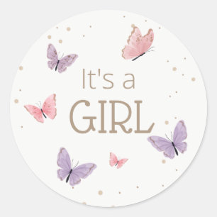 Butterfly Het is een GIRL Baby shower  Ronde Sticker