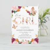 Butterfly Het is een Meisje roos gouden roze bloem Kaart (Staand voorkant)