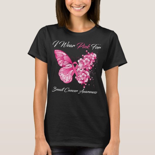Butterfly I Draag roze voor borstkanker T-shirt (Voorkant)