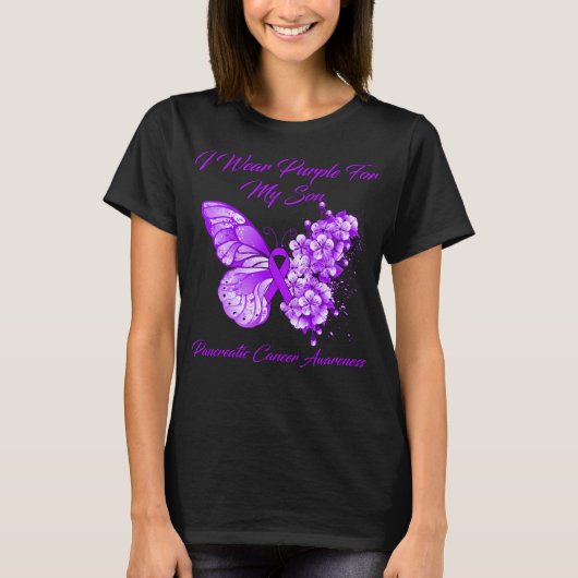 Butterfly ik Draag Paars voor mijn zoon pancreas T-shirt (Voorkant)