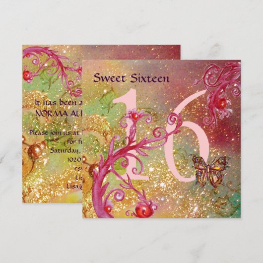 BUTTERFLY IN GOLD SPARKLES SWEET16 Birthday Party Kaart (Voorkant / Achterkant)