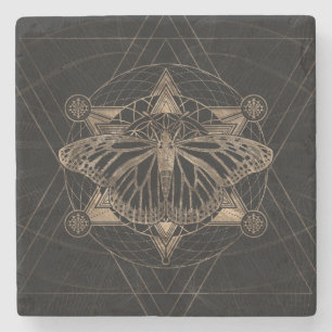 Butterfly in Sacred Geometry - Zwart en goud Stenen Onderzetter