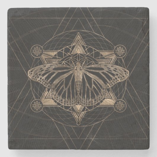 Butterfly in Sacred Geometry - Zwart en goud Stenen Onderzetter (Voorkant)