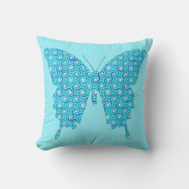 Butterfly in zwenkdruk - turquoise kussen (Voorkant)