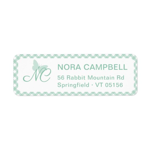 Butterfly Initialen Mint Gingham Retouradres Etiket (Voorkant)