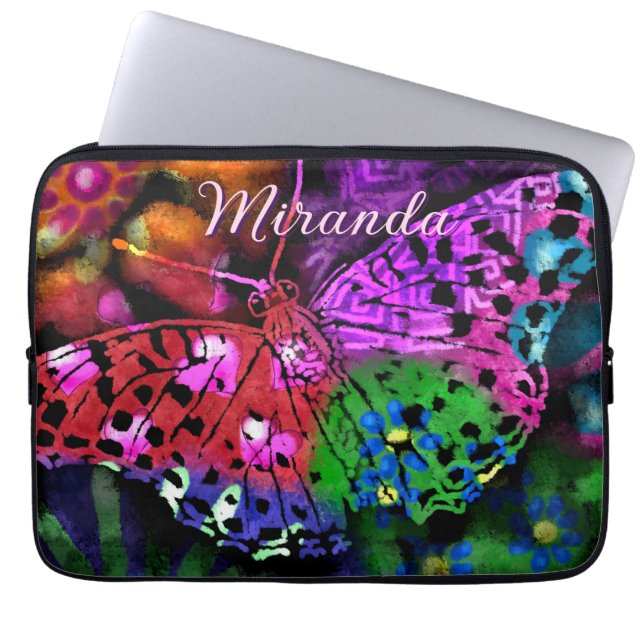 Butterfly Insect Abstracte Paarse Groen Roze Sinaa Laptop Sleeve (Voorkant)