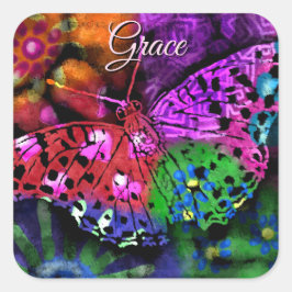 Butterfly Insect Abstracte Paarse Groen Roze Sinaa Vierkante Sticker