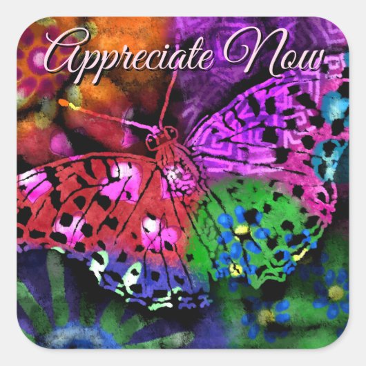 Butterfly Insect Abstracte Paarse Groen Roze Sinaa Vierkante Sticker (Voorkant)