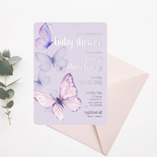 Butterfly Kiss & Baby wensen   Baby shower Paarse Folie Uitnodiging