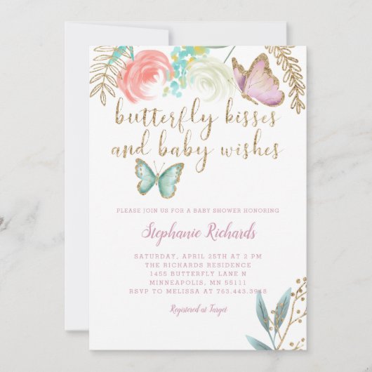 Butterfly Kisses and Baby Wishes Pink Baby shower Kaart (Voorkant)