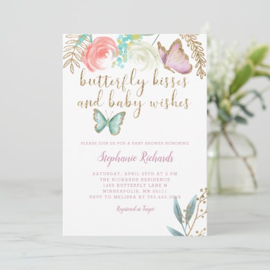 Butterfly Kisses and Baby Wishes Pink Baby shower Kaart (Staand voorkant)