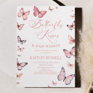 Butterfly Kisses and Baby Wishes Pink Baby shower Kaart