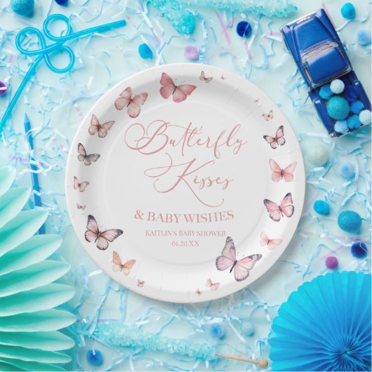 Butterfly Kisses and Baby Wishes Pink Baby shower Papieren Bordje (Feest)