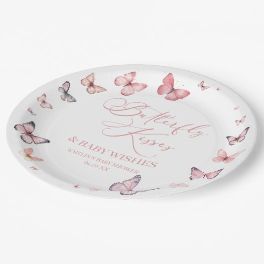 Butterfly Kisses and Baby Wishes Pink Baby shower Papieren Bordje (Gekanteld)