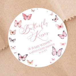 Butterfly Kisses and Baby Wishes Pink Baby shower Ronde Sticker