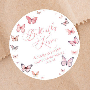 Butterfly Kisses and Baby Wishes Pink Baby shower Ronde Sticker