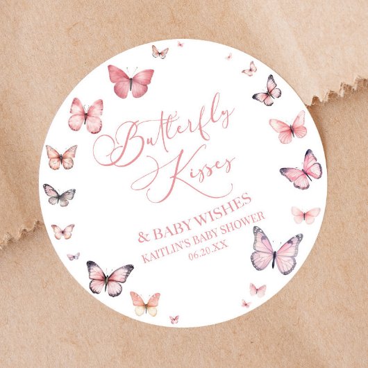 Butterfly Kisses and Baby Wishes Pink Baby shower Ronde Sticker
