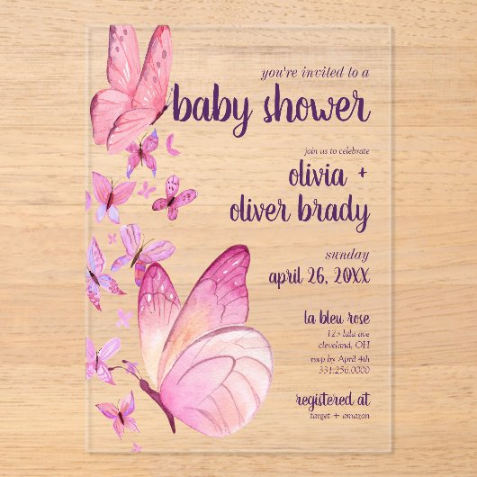 Butterfly Kisses & Baby Wensen | Baby shower Pink Acryl Uitnodigingen (Voorkant)