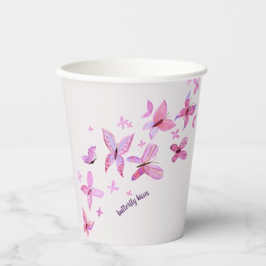 Butterfly Kisses & Baby Wensen | Roze omlooptekst Papieren Bekers (Voorkant)