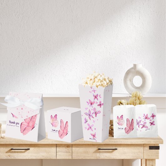 Butterfly Kisses & Baby Wensen | Roze popcorn Bedankdoosjes