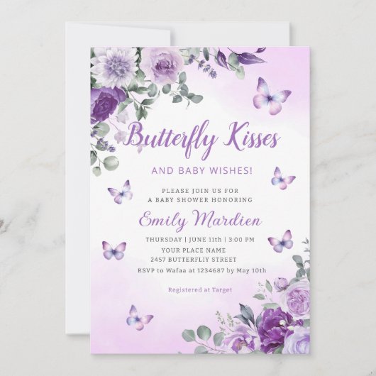Butterfly Kisses & Baby wenst Paarse baby shower Kaart (Voorkant)