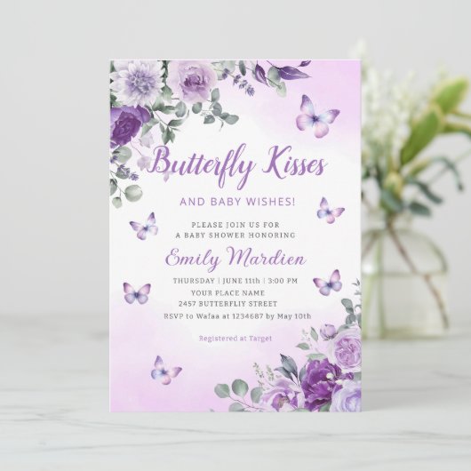 Butterfly Kisses & Baby wenst Paarse baby shower Kaart (Staand voorkant)