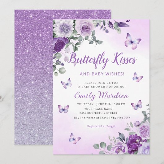 Butterfly Kisses & Baby wenst Paarse baby shower Kaart (Voorkant / Achterkant)
