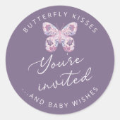 Butterfly Kisses + Baby Wishes Paarse envelop Ronde Sticker (Voorkant)