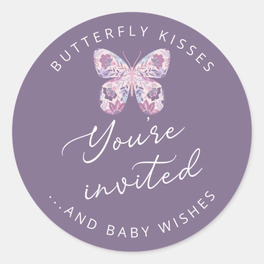 Butterfly Kisses + Baby Wishes Paarse envelop Ronde Sticker (Voorkant)