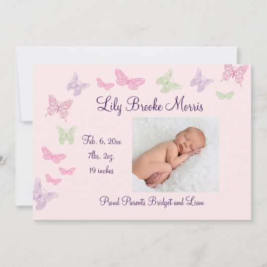 Butterfly Kisses Birth Announcement roze Aankondiging (Voorkant)