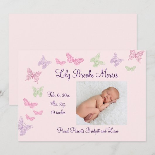 Butterfly Kisses Birth Announcement roze Aankondiging (Voorkant / Achterkant)